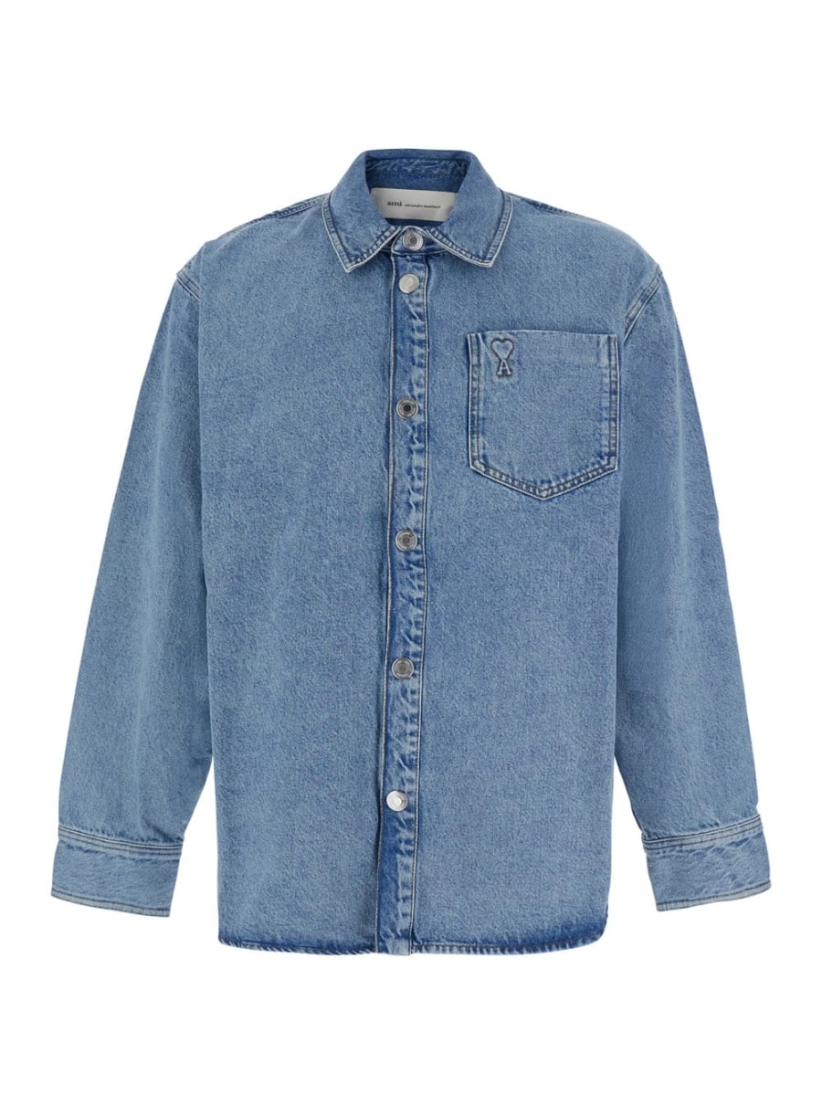 AMI Paris Overshirt AMI DE COEUR con collo e maniche lunghe in cotone azzurro uomo