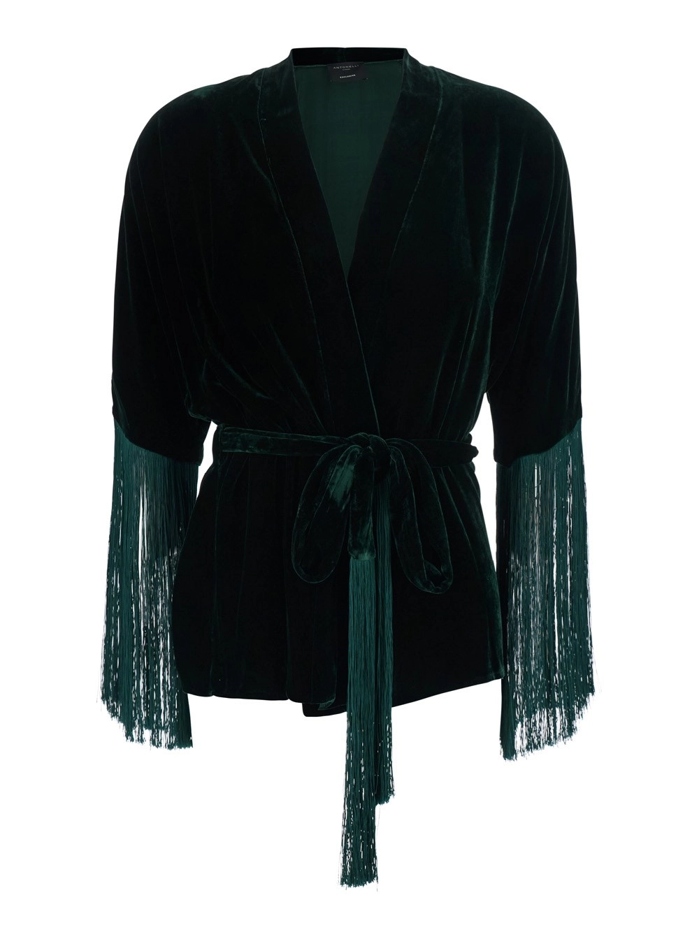 Antonelli Cardigan con cintura annodabile e frange applicate sui bordi in velluto verde donna