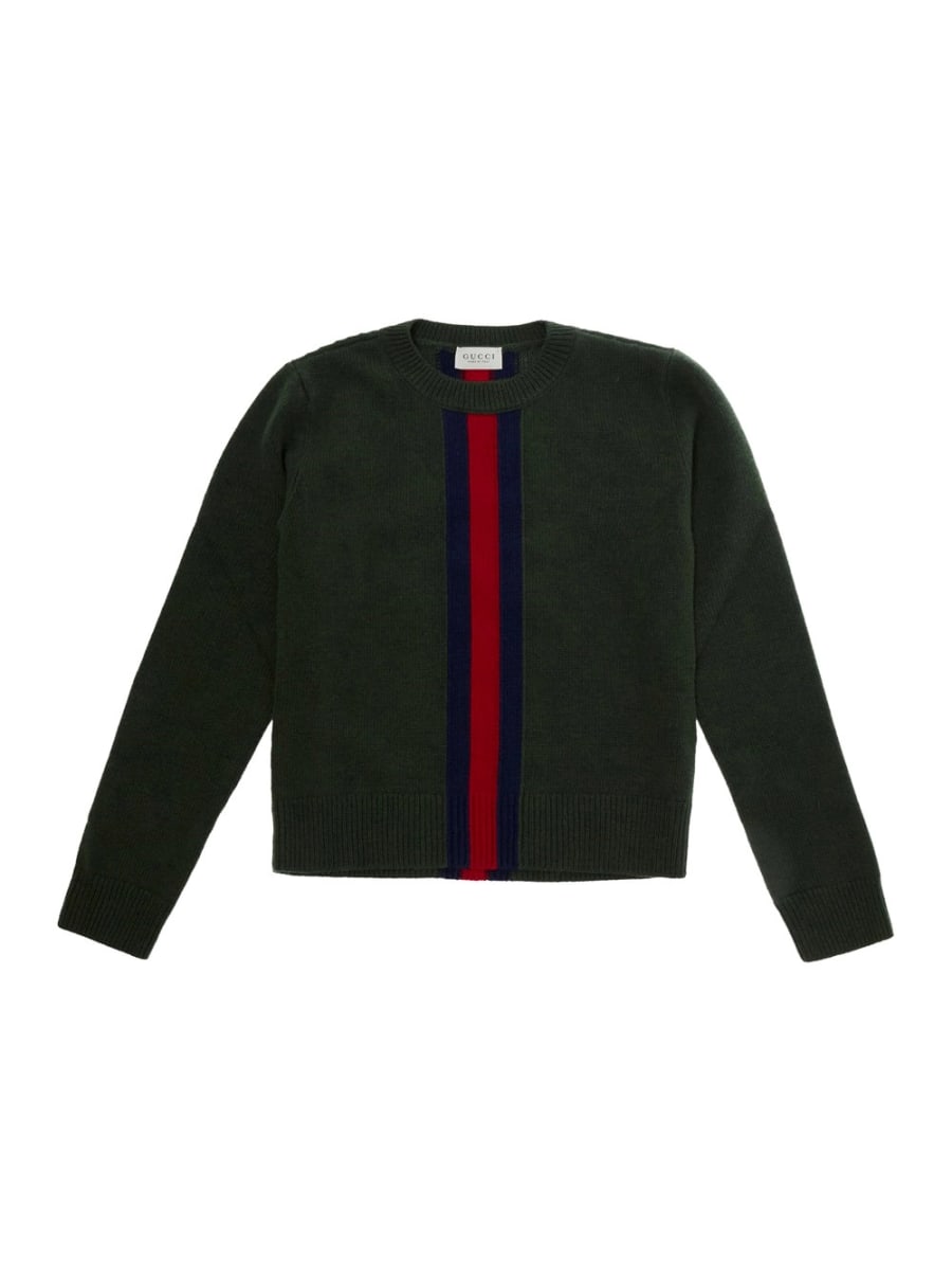 Gucci kids Maglione girocollo con ricamo Web in lana verde bambino