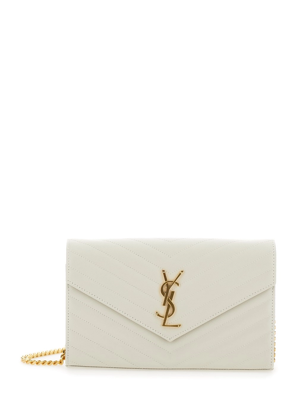 Saint Laurent Pochette con Dettaglio Cassandre in Pelle Chevron Bianco Donna