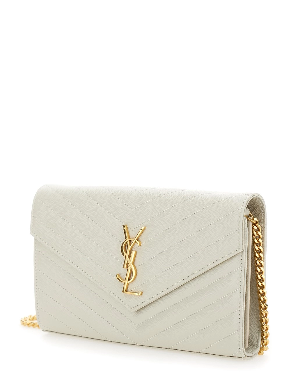 Saint Laurent Pochette con Dettaglio Cassandre in Pelle Chevron Bianco Donna, view 2