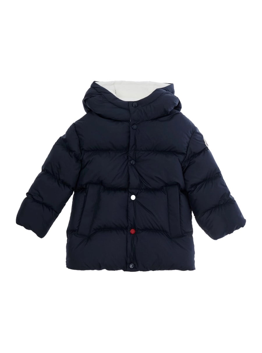 Moncler kids Parka corto con cappuccio e patch logo in tessuto tecnico blu per bambino