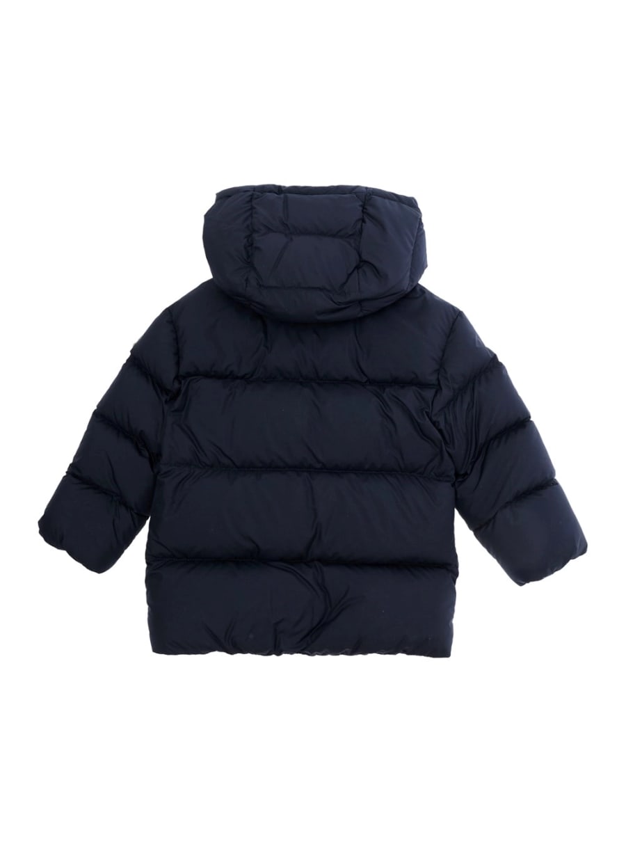 Moncler kids Parka corto con cappuccio e patch logo in tessuto tecnico blu per bambino, view 2