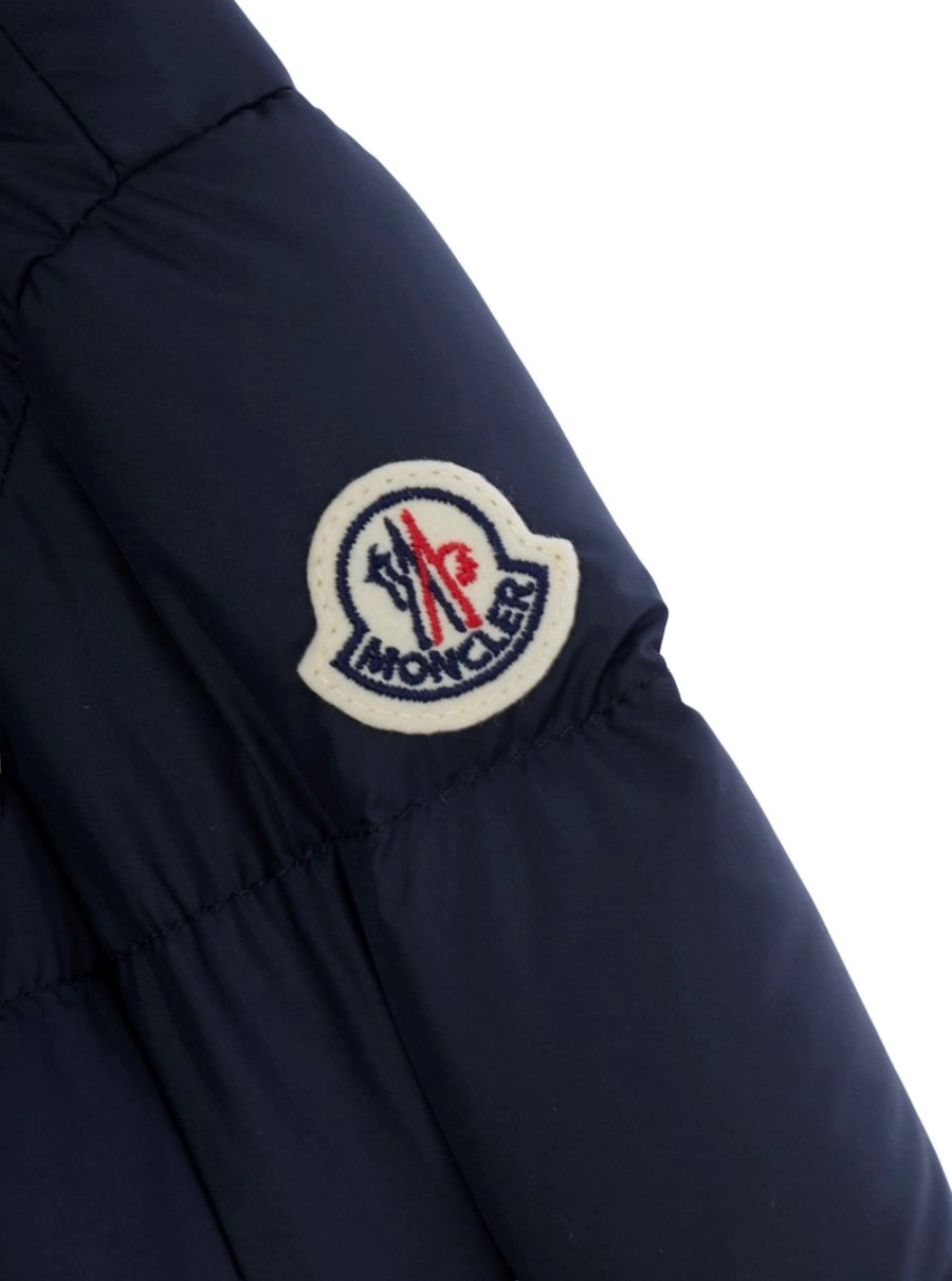 Moncler kids Parka corto con cappuccio e patch logo in tessuto tecnico blu per bambino, view 3