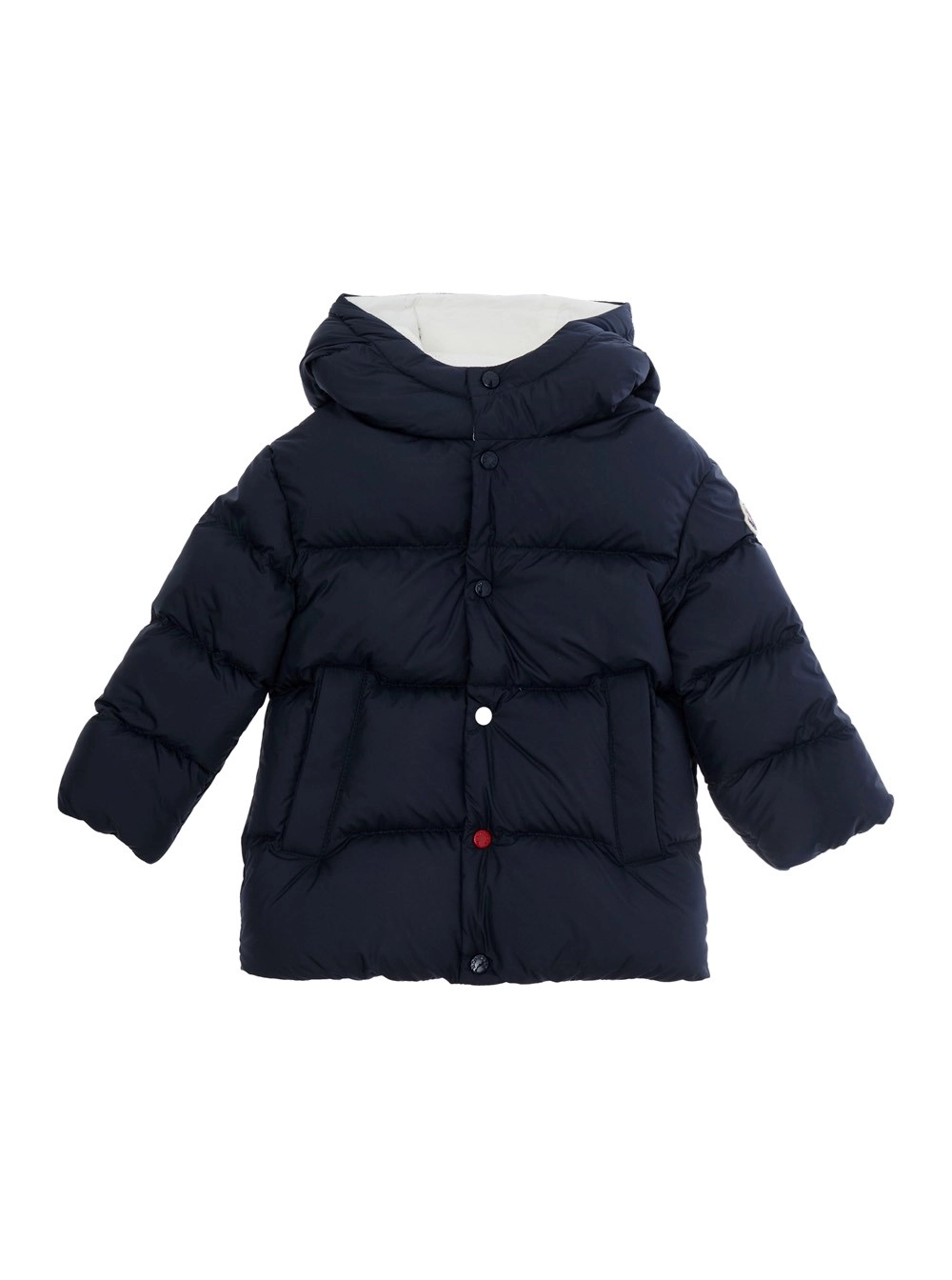 Moncler kids Parka corto con cappuccio e patch logo in tessuto tecnico blu per bambino