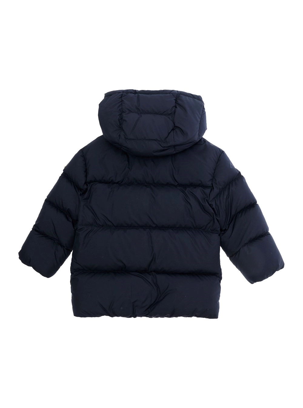 Moncler kids Parka corto con cappuccio e patch logo in tessuto tecnico blu per bambino, view 2