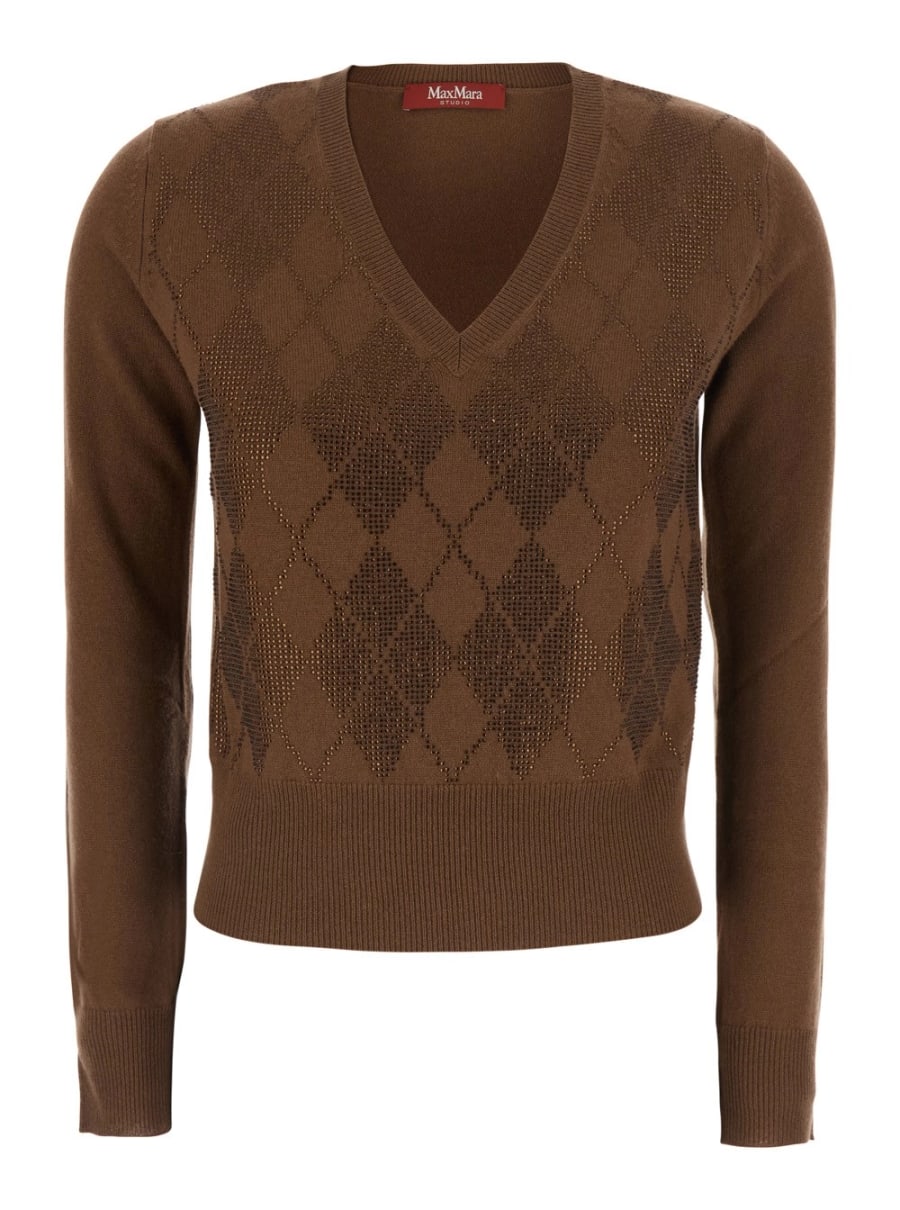 Max Mara Studio Maglione 'Liuti' con scollo a V e motivo a rombi sul fronte in lana e cashmere marrone donna