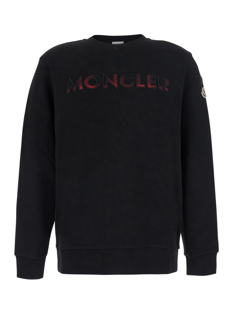 Moncler Maglia girocollo con logo lettering sul fronte e patch logo sulla manica in misto cotone Nera Uomo