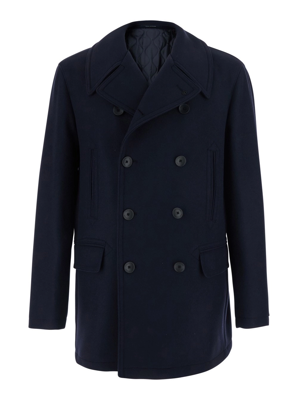 Tagliatore Cappotto Blu con Bottoni Frontali e Tasche Laterali in Tessuto