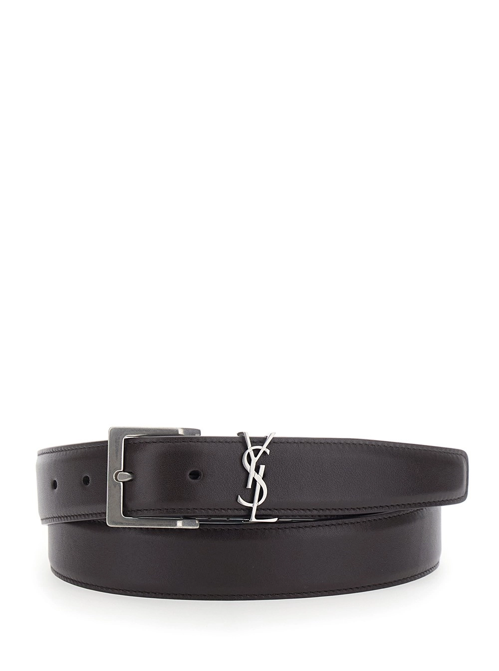 Saint Laurent Cintura con Placca Cassandre sul Fronte e Chiusura con Fibbia Regolabile in Pelle Marrone Uomo