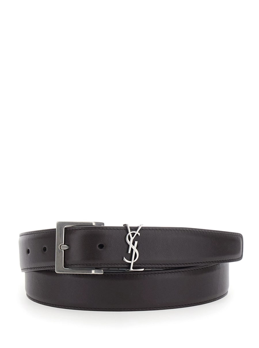 Saint Laurent Cintura con Placca Cassandre sul Fronte e Chiusura con Fibbia Regolabile in Pelle Marrone Uomo
