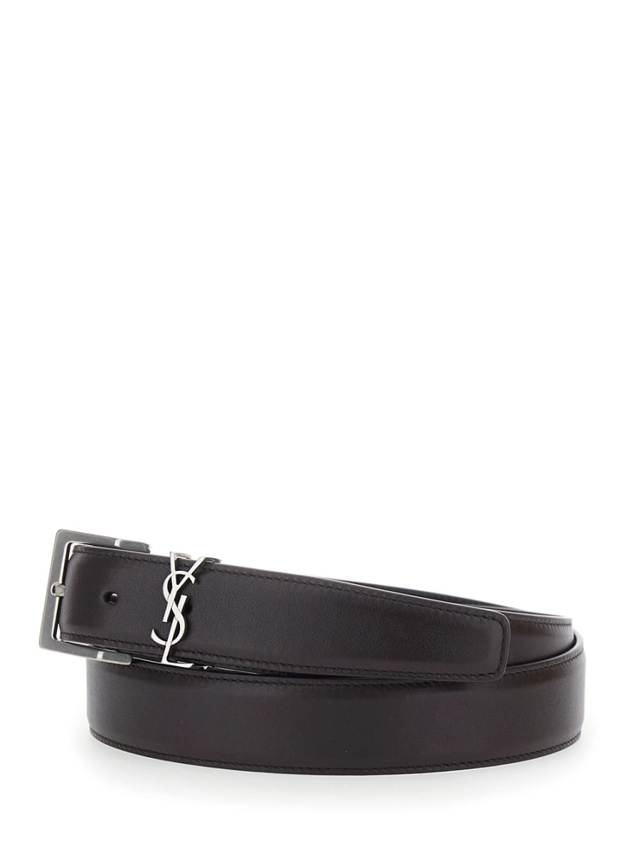 Saint Laurent Cintura con Placca Cassandre sul Fronte e Chiusura con Fibbia Regolabile in Pelle Marrone Uomo, view 2