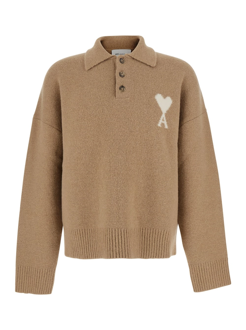 AMI Paris Polo sweater con colletto e maniche lunghe in misto lana beige uomo