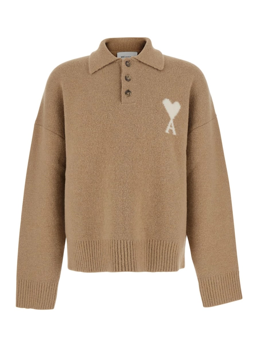 AMI Paris Maglione con colletto polo e Ricamo ADC sul Fronte in lana beige Uomo