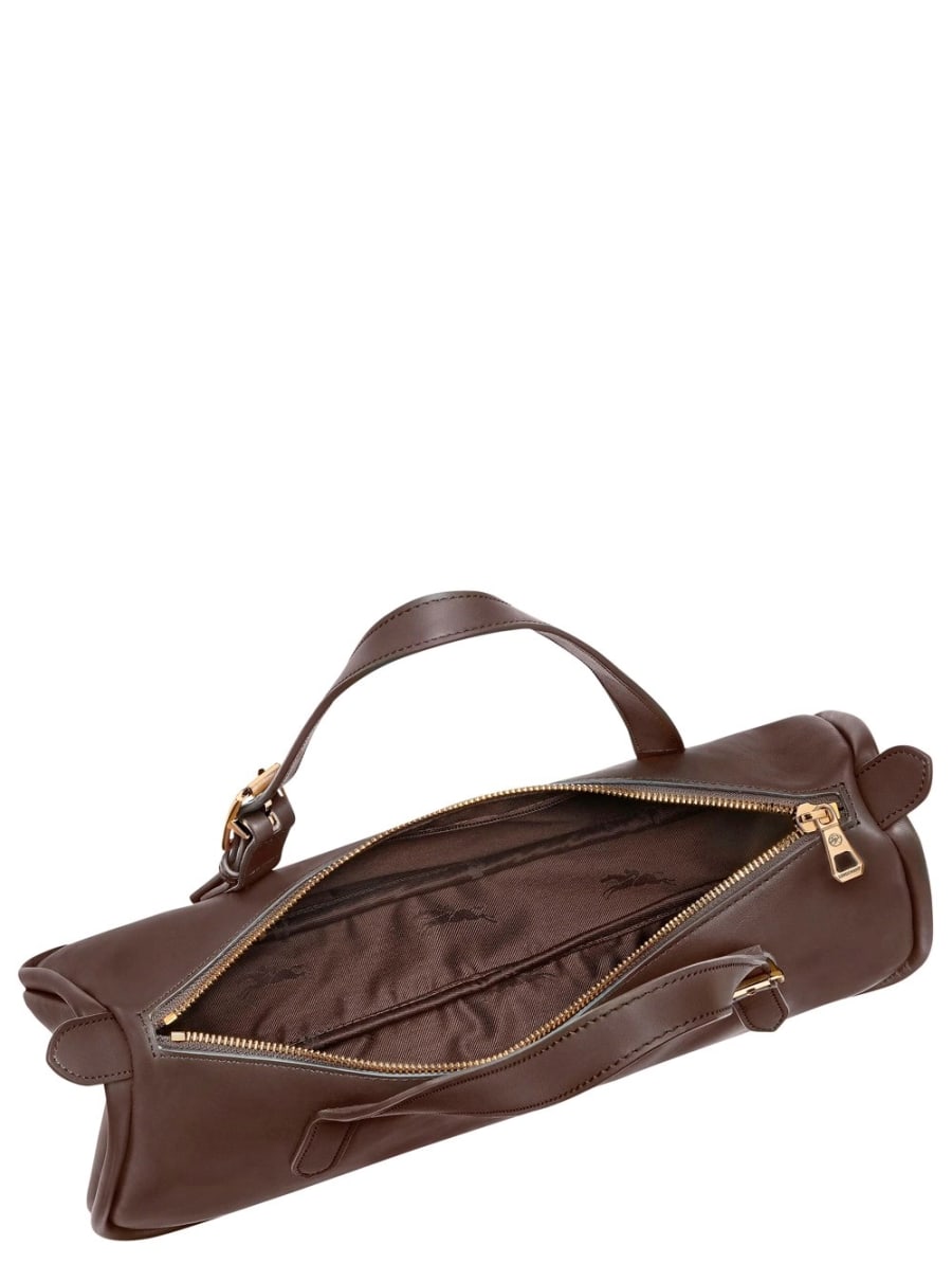 Longchamp Borsa a Spalla con Due Manici Superiori e Logo Lettering sul Fronte in Pelle Marrone Donna, view 5