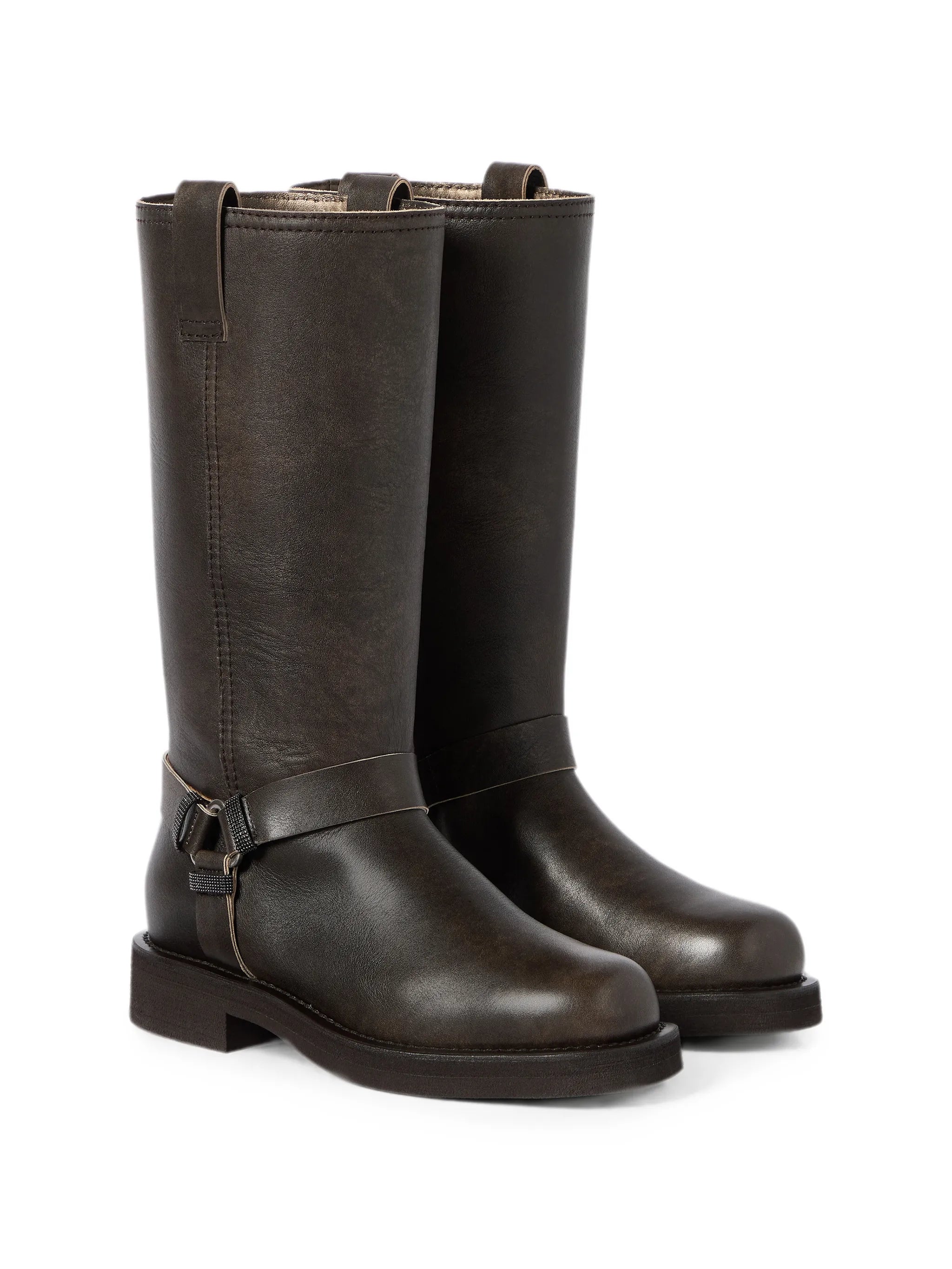 Brunello Cucinelli Brunello Cucinelli Leather Biker Boots With Shiny Loops, view 2