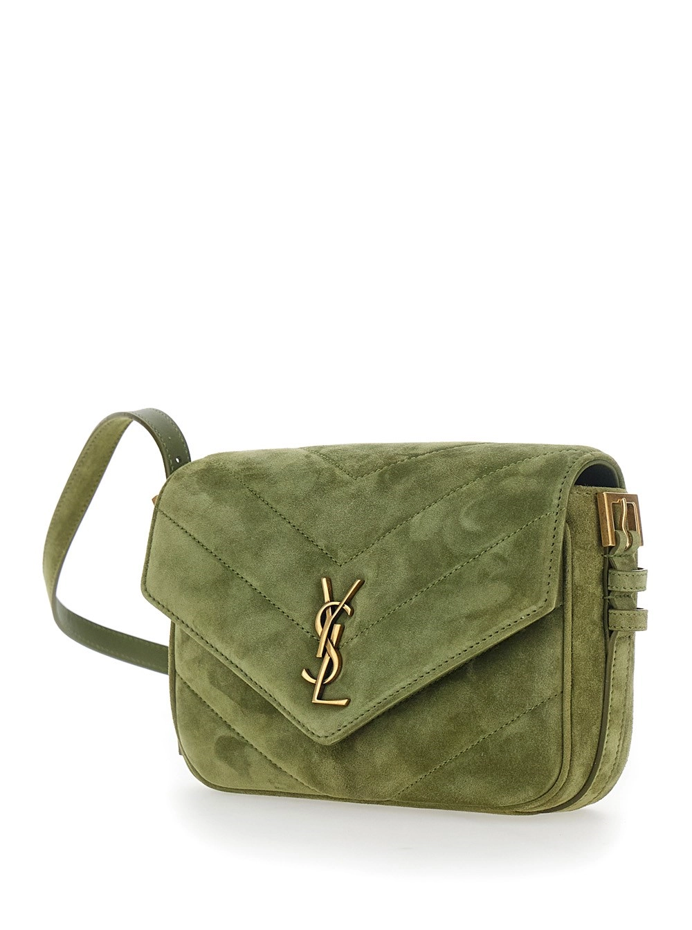 Saint Laurent Borsa a tracolla 'Loulou Toy' con tracolla e placca Cassandra sul fronte in pelle scamosciata verde donna, view 2