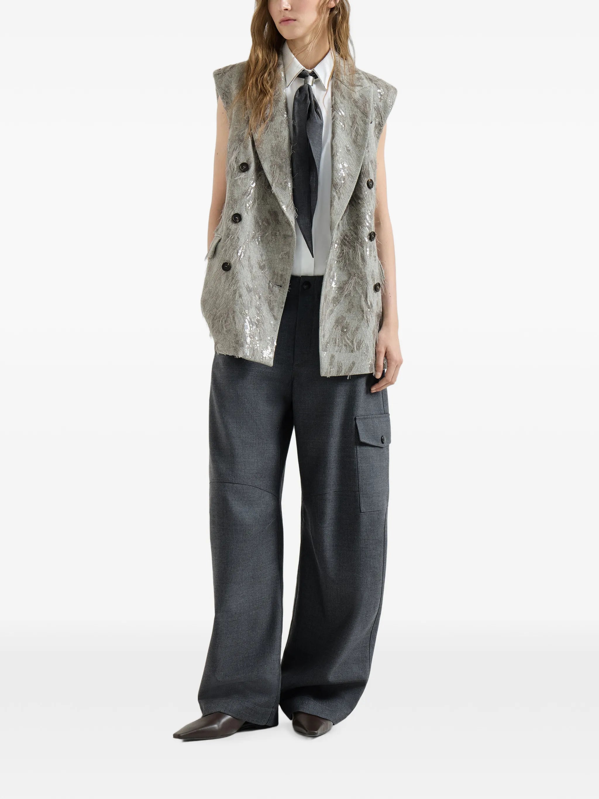 Brunello Cucinelli Brunello Cucinelli Virgin Wool Twill Cargo Barrel Trousers With Monili, view 2