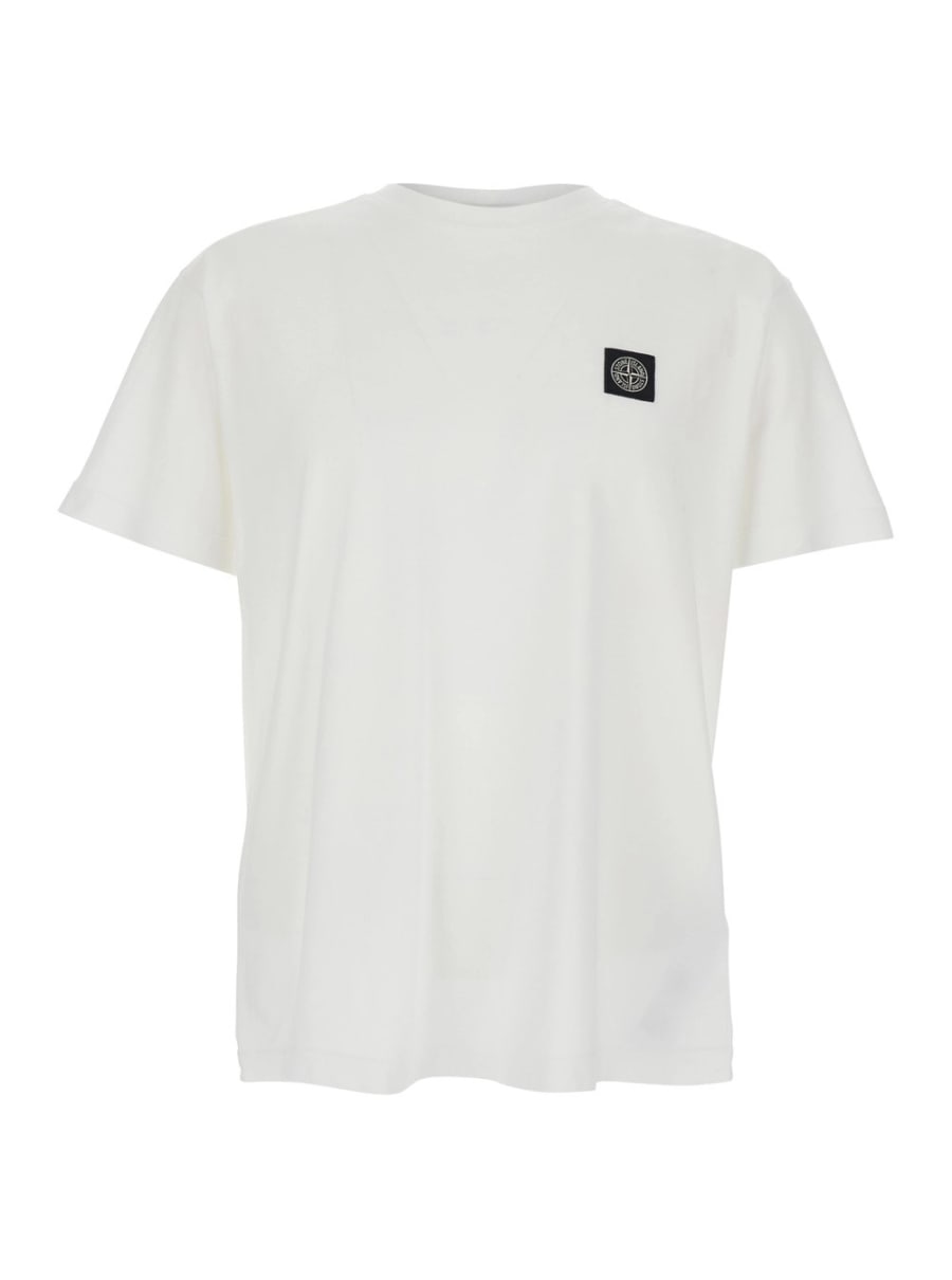 Stone Island T-Shirt Girocollo con Patch Logo sul Fronte in Cotone Bianca Uomo