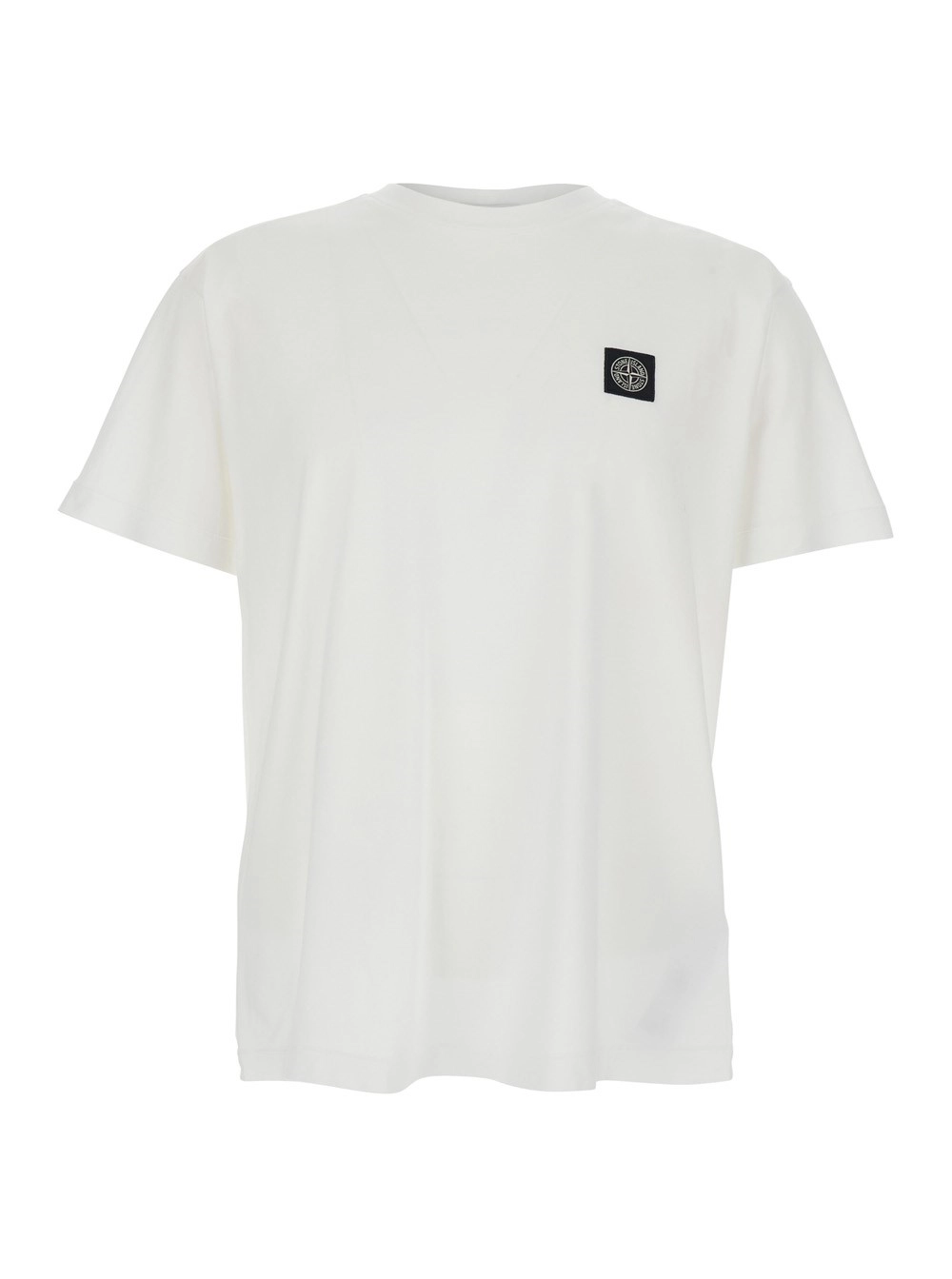 Stone Island T-Shirt Girocollo con Patch Logo sul Fronte in Cotone Bianca Uomo