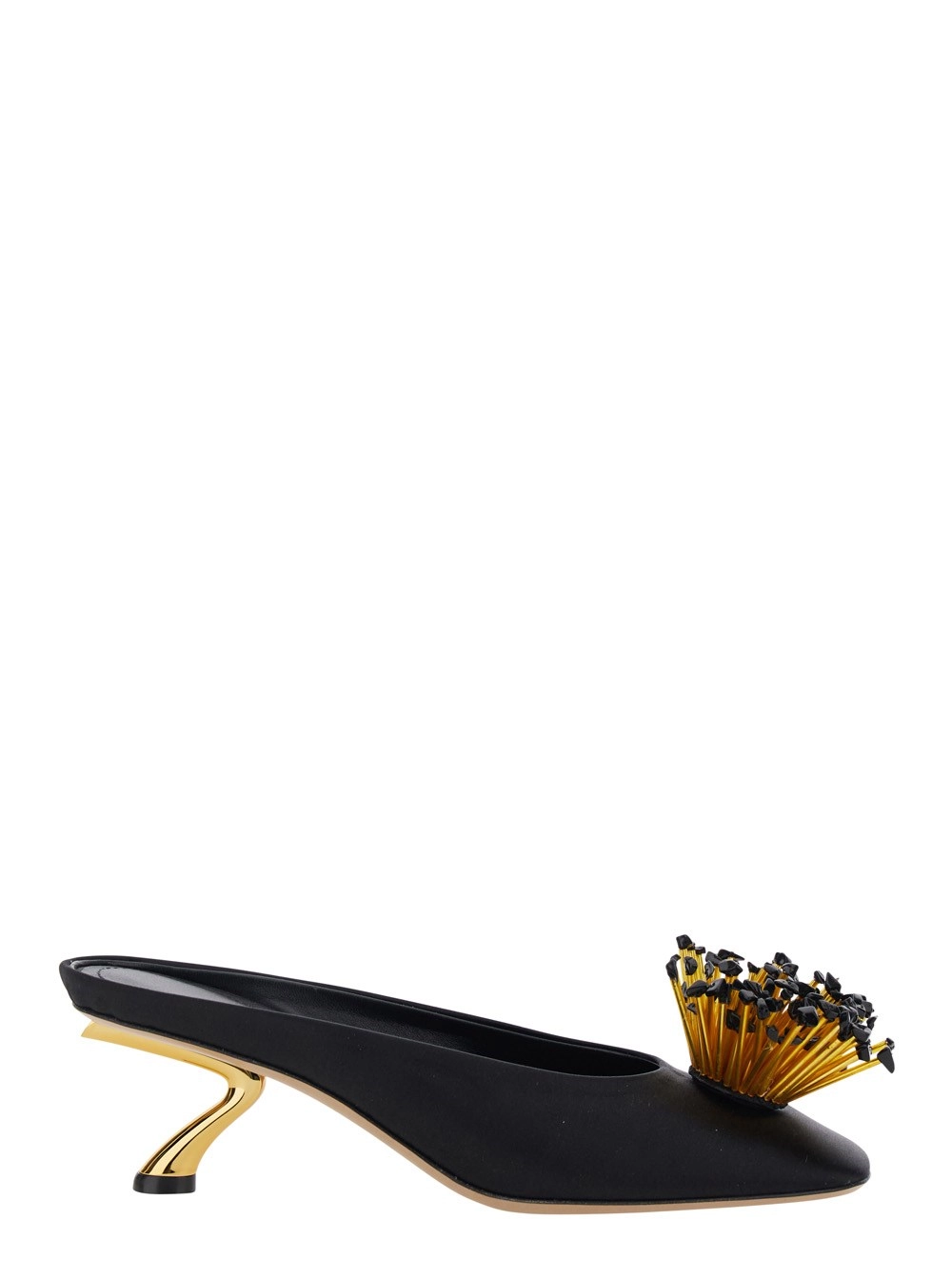 Ferragamo Sandali con Tacco con Decorazione con Cristalli sul Fronte in Tessuto Neri Donna